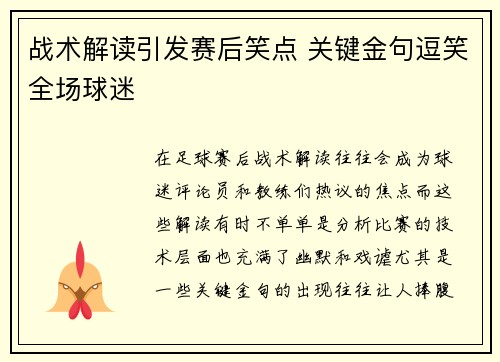 战术解读引发赛后笑点 关键金句逗笑全场球迷