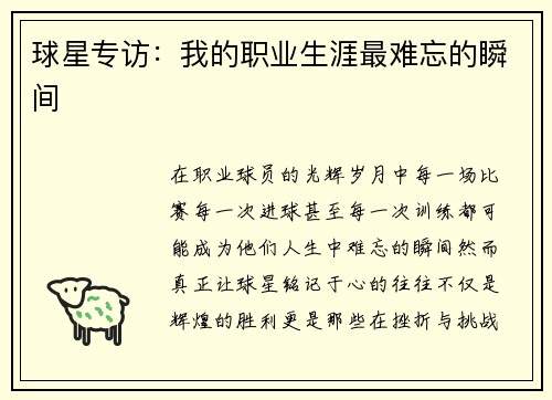 球星专访：我的职业生涯最难忘的瞬间